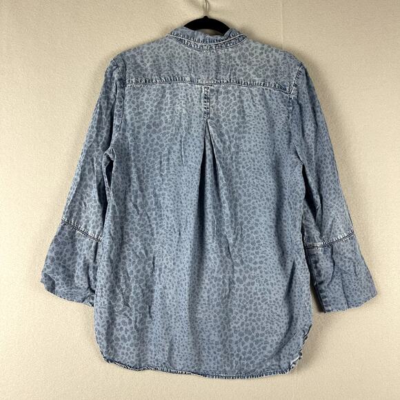 Bella Dahl Leopard Print Tencel Top Womens Medium Blue Button Down 3/4 Sleeve - Picture 13 of 16